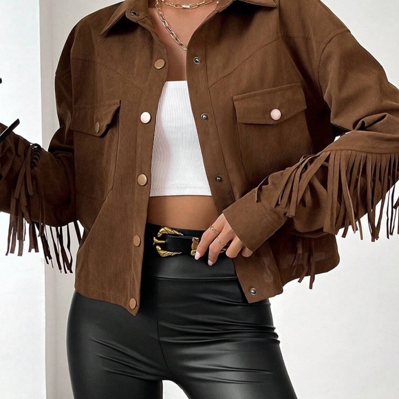 Womens Boho Faux Suede Ribbed Brown Fringed Jacket Sz large - Picture 3 of 5